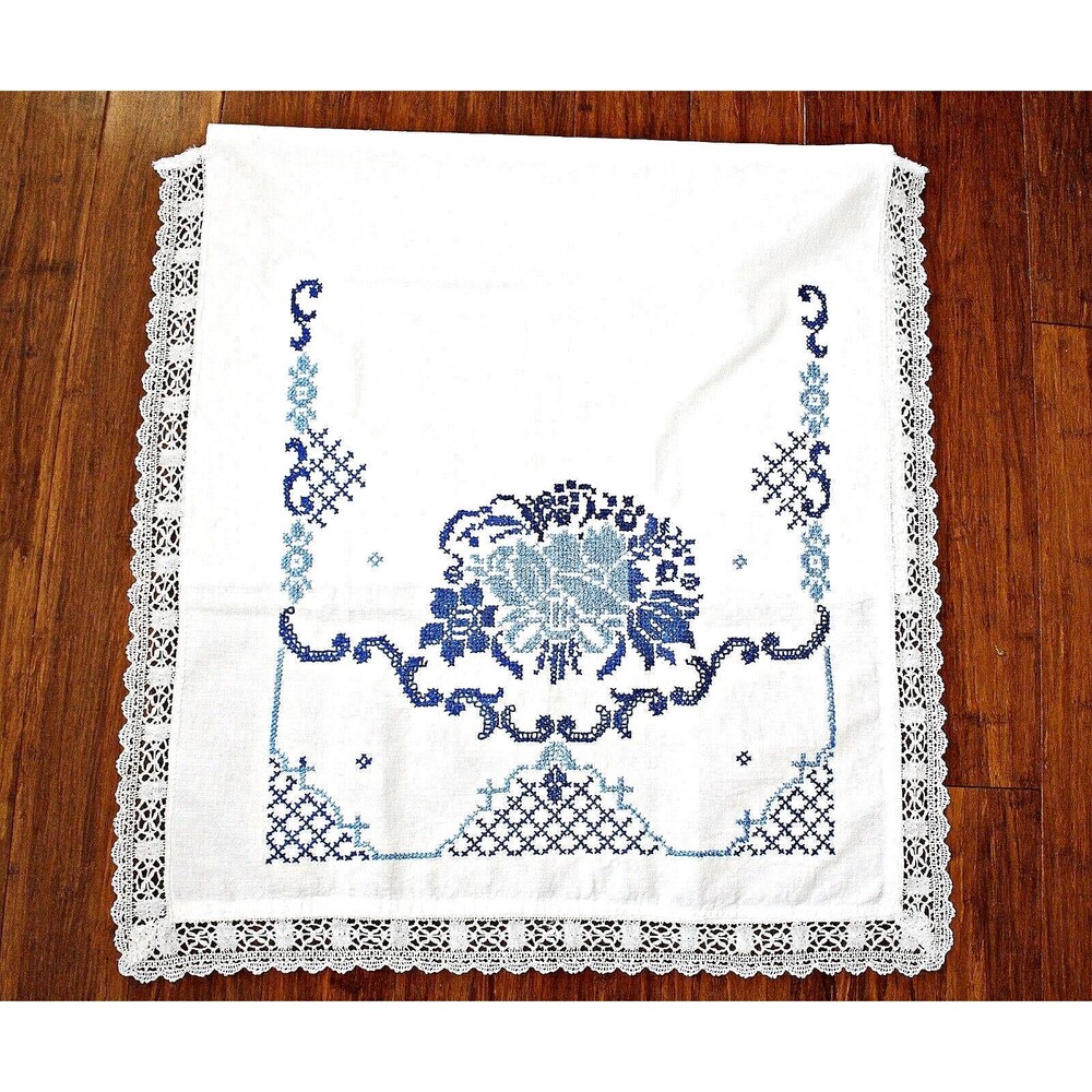 VTG European Pillow Cover White Cotton Blue Cross Stitch Embroidery Cottagecore